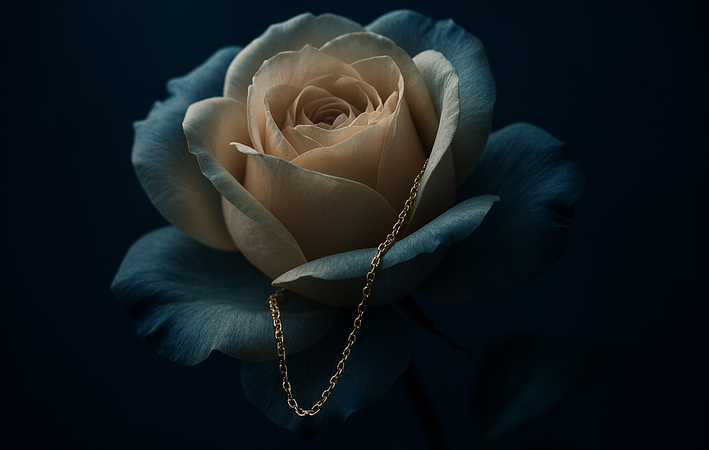 White and blue rose with a 24k gold chain against a dark background. 