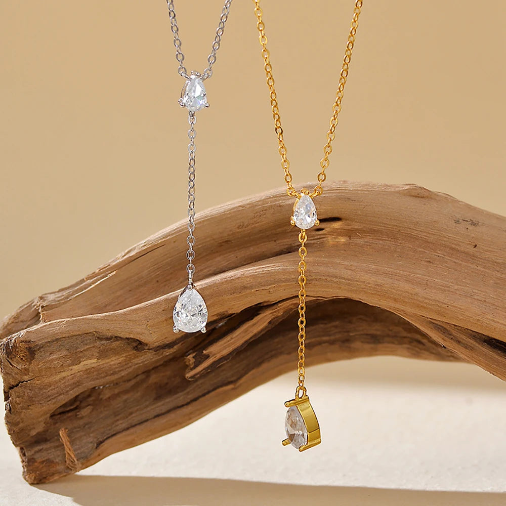 2-Stone Waterdrop Moissanite Y-Style Pendant Necklace for Women – 1.5CTTW D Color VVS1, Certified 925 Sterling Silver Tassel Chain