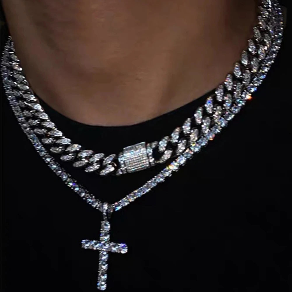 Hip Hop Iced Out Cuban Link Chain Cross Necklace Set – 2PCS Bling Miami Chain Jewelry for Men & Women