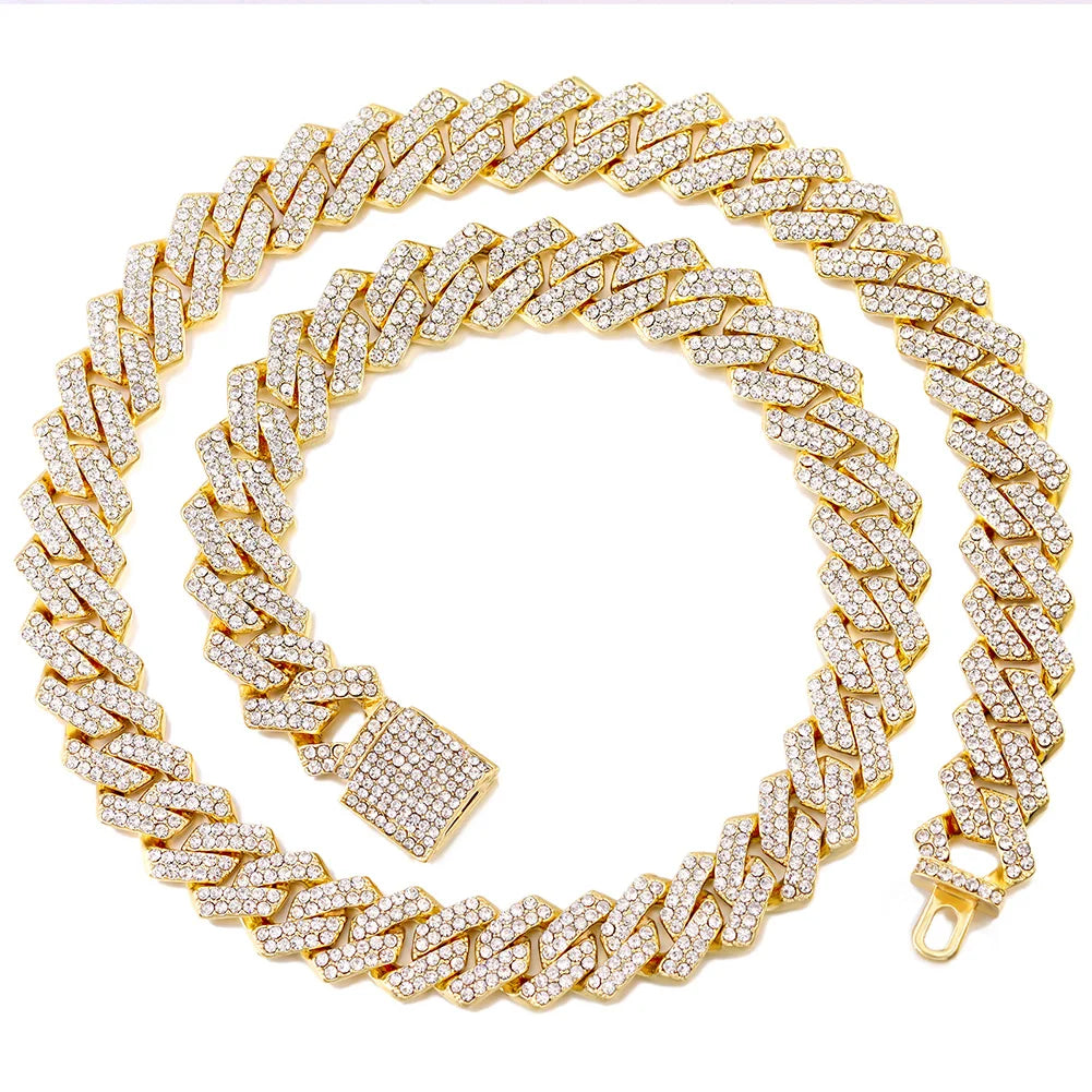 Iced Out 14MM Cuban Link Chain Necklace – Prong-Set Rhinestone Hip Hop Choker for Women & Men