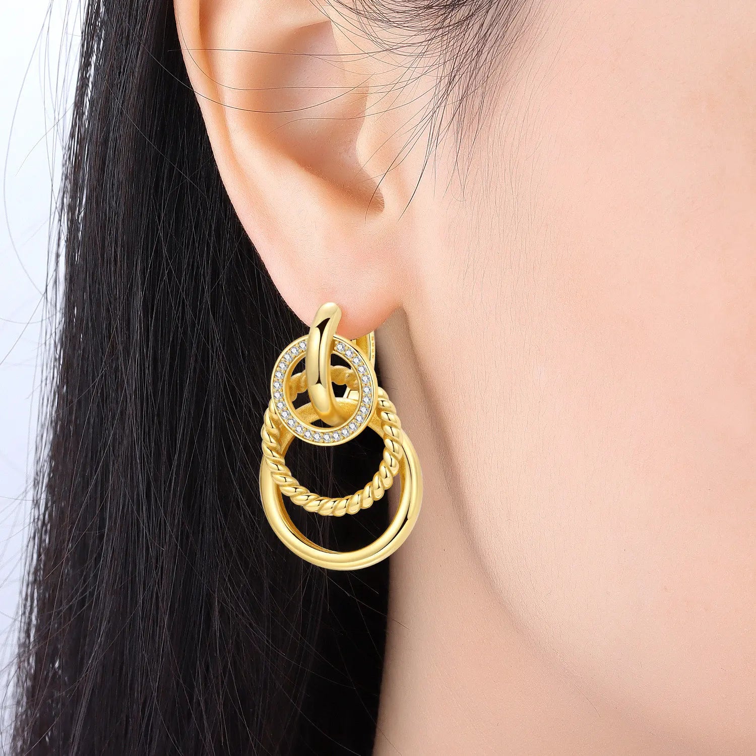 925 Sterling Silver 18K Gold French 3-Layer Drop Earrings for Women – Elegant Party Fashion Jewelry Gift