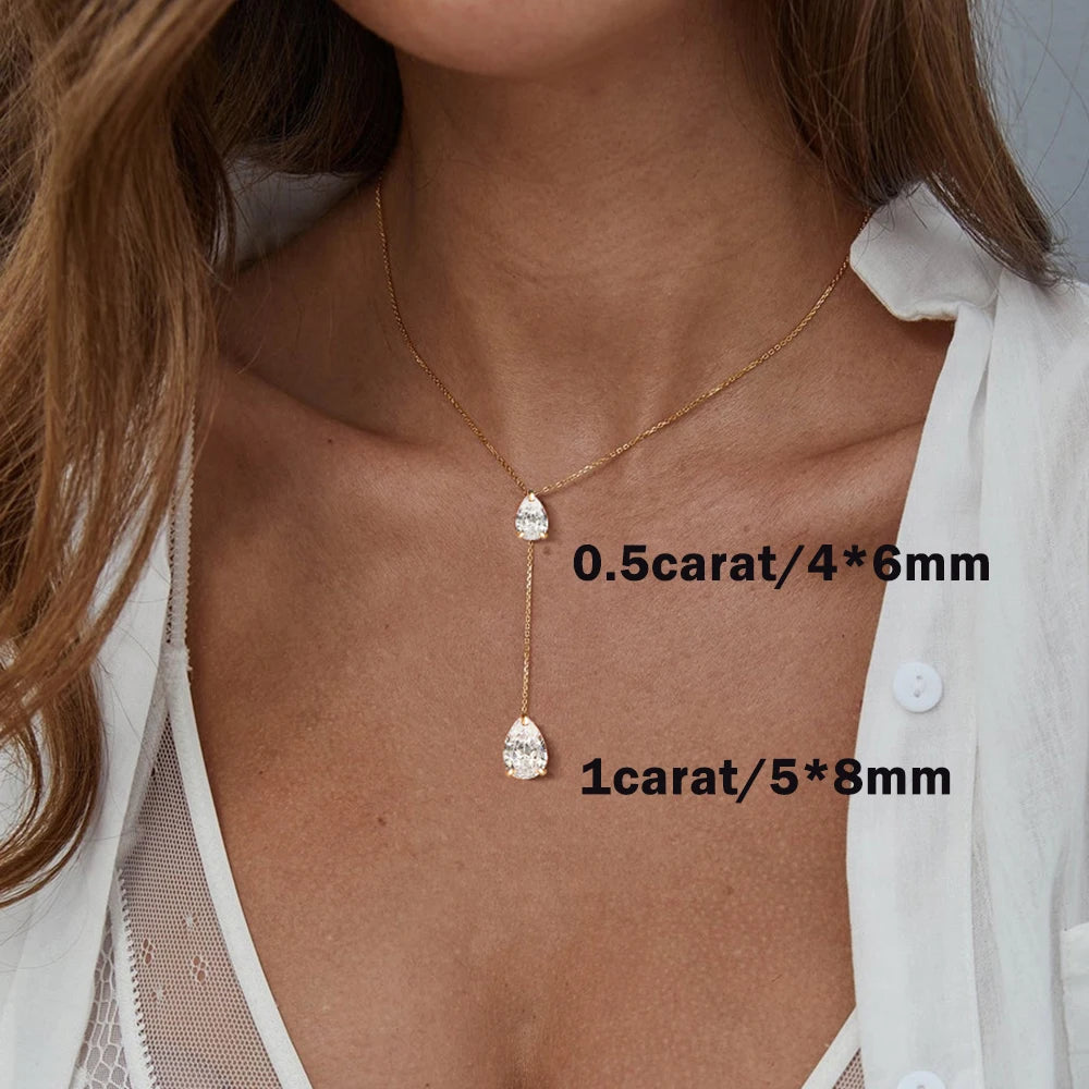 2-Stone Waterdrop Moissanite Y-Style Pendant Necklace for Women – 1.5CTTW D Color VVS1, Certified 925 Sterling Silver Tassel Chain
