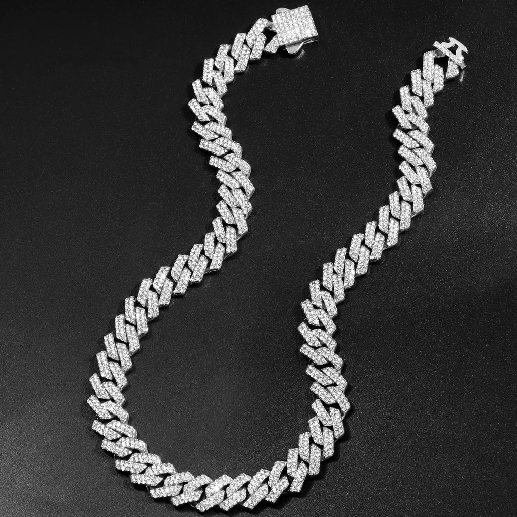 Iced Out 14MM Cuban Link Chain Necklace – Prong-Set Rhinestone Hip Hop Choker for Women & Men