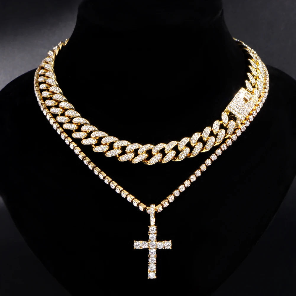 Hip Hop Iced Out Cuban Link Chain Cross Necklace Set – 2PCS Bling Miami Chain Jewelry for Men & Women