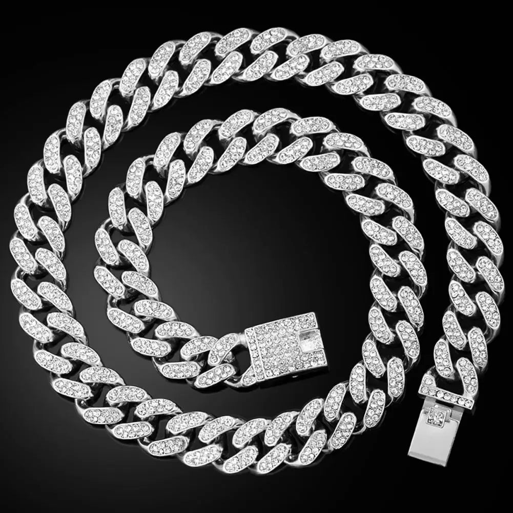 Hip Hop Iced Out Cuban Link Chain Cross Necklace Set – 2PCS Bling Miami Chain Jewelry for Men & Women