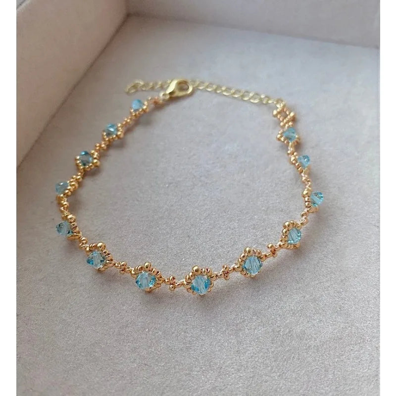 18K Gold Plated Blue Crystal Beaded Bracelet Handmade – Adjustable Gift Jewelry