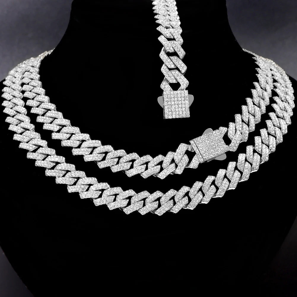 Iced Out 14MM Cuban Link Chain Necklace – Prong-Set Rhinestone Hip Hop Choker for Women & Men