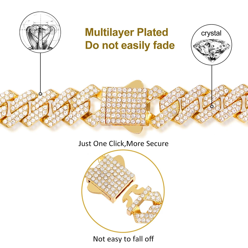 Iced Out 14MM Cuban Link Chain Necklace – Prong-Set Rhinestone Hip Hop Choker for Women & Men