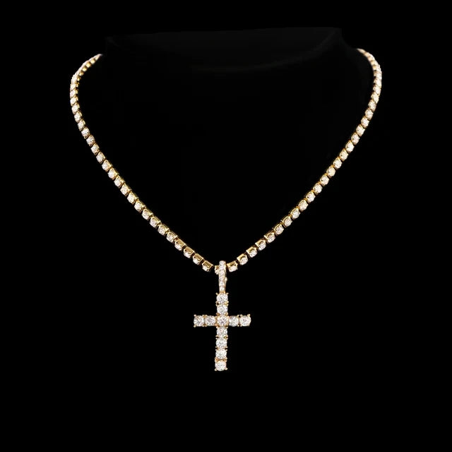 Hip Hop Iced Out Cuban Link Chain Cross Necklace Set – 2PCS Bling Miami Chain Jewelry for Men & Women