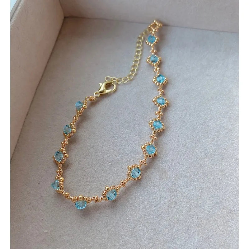 18K Gold Plated Blue Crystal Beaded Bracelet Handmade – Adjustable Gift Jewelry
