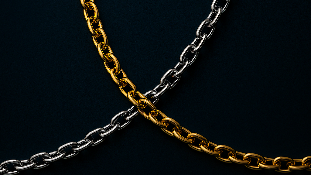 Two chains, one gold and one silver, on a black background